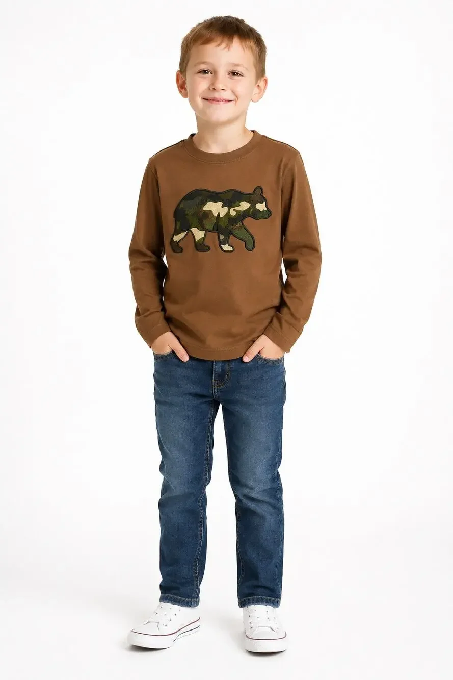 Old Navy Boys Camo Bear Graphic Long Sleeve Shirt Brown Size Medium 8 EUC